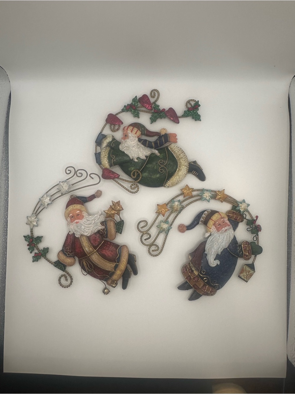 Vintage Metal Santa Claus Christmas Ornaments set Of Three 6" Handpainted